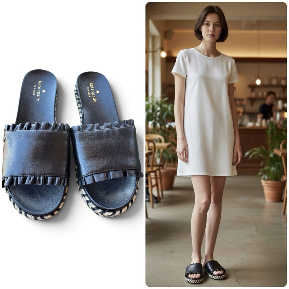 Kate Spade Zahara Sandals Black Leather Slip-On Slide Espadrille Sz 7 1/2 w/Box